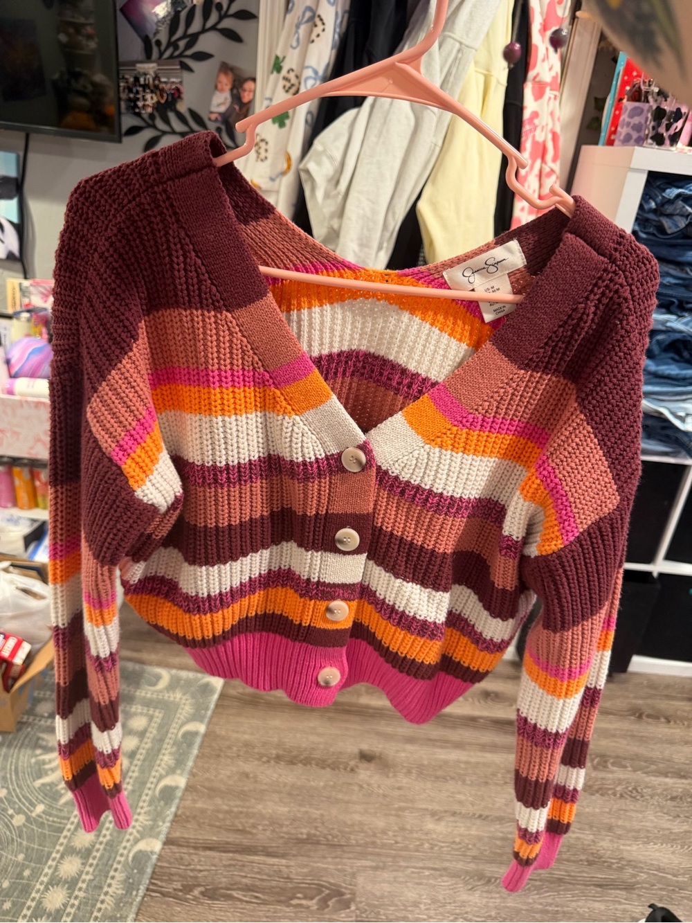 Jessica Simpson Striped V-Neck Button-Front Women's Cropped Sweater Cardigan